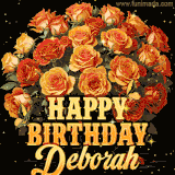 Animated bouquet of orange roses with moving butterfles and golden 'Happy Birthday Deborah' text, surrounded by sparkling accents and a dark backdrop for a luxurious feel.