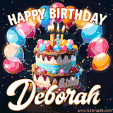 Bright birthday animation for Deborah with a chocolate cake, candles, balloons, and glowing celebratory lights.