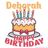 Cartoon birthday cake with a red bow, glowing candles, and 'Deborah Happy Birthday' text in bold animated style.