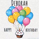 An adorable and cute cupcake with a smiley face and moving colorful balloons create a joyful birthday greeting for Deborah in this cheerful animated greeting E-card.