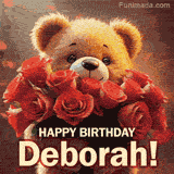 Cinematic style cute animated teddy bear with charming features holding a large bouquet of red roses, the words say 'Happy Birthday Deborah' in sans serif font.