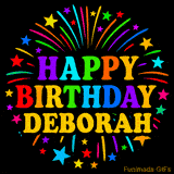 Personalized greeting card with name, colorful text that says 'Happy Birthday Deborah' surrounded by animated fireworks and multicolor stars
