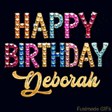 Vibrant luxury birthday greeting card for Deborah, showing glittering gemstone letters and golden calligraphy on a dark background with twinkling shine effects.