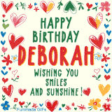 A colorful animated card for Deborah’s birthday featuring playful hearts, cheerful flowers, and a handwritten message wishing smiles and sunshine.