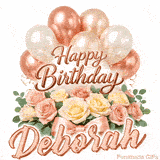 Elegant animated Happy Birthday Deborah image featuring soft pink roses and balloons