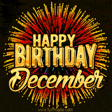 Golden 'Happy Birthday December' text accompanied by animated rainbow fireworks for a festive animated greeting.