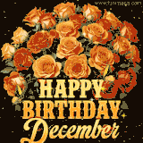 Animated bouquet of orange roses with moving butterfles and golden 'Happy Birthday December' text, surrounded by sparkling accents and a dark backdrop for a luxurious feel.