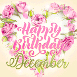 A stunning heart made of pink roses surrounds the elegant script text 'Happy Birthday December' on a soft beige background. Animated sparkles add a magical and festive feel.