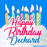 A cheerful animated GIF featuring colorful lit birthday candles on a white cake, with the text 'Happy Birthday Deckard' in bold red and blue script on a bright blue background.