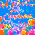 A vibrant animated GIF with 'Feliz Cumpleaños Deckard' written in colorful script, surrounded by balloons, confetti, and bunting on a bright blue background.