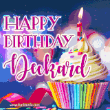 A festive animated GIF featuring a colorful cupcake with a single lit candle, sprinkles, and 'Happy Birthday Deckard' text against a sparkling, celebratory background.
