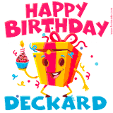 A funny animated birthday GIF with the words 'Happy Birthday Deckarda', colorful gift box with arms and legs, holding a cupcake with a lit candle  with confetti everywhere.