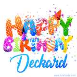 Animated GIF with colorful, festive 'Happy Birthday Deckard' text decorated with patterns, a party hat, and falling confetti. A vibrant and cheerful design for birthday celebrations.