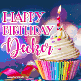 A festive animated GIF featuring a colorful cupcake with a single lit candle, sprinkles, and 'Happy Birthday Decker' text against a sparkling, celebratory background.