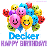 An animated birthday-themed name GIF with colorful smiling balloons and bold 'Decker, Happy Birthday!' text for a celebratory touch.