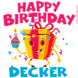 A funny animated birthday GIF with the words 'Happy Birthday Deckera', colorful gift box with arms and legs, holding a cupcake with a lit candle  with confetti everywhere.