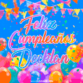 A vibrant animated GIF with 'Feliz Cumpleaños Decklan' written in colorful script, surrounded by balloons, confetti, and bunting on a bright blue background.