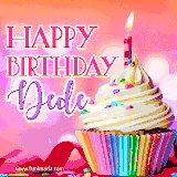 A vibrant birthday GIF featuring a rainbow-colored cupcake topped with white frosting, sprinkles, and a lit candle. The text reads 'Happy Birthday Dede' in bold pink and violet letters with white outline.