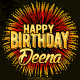 Golden 'Happy Birthday Deena' text accompanied by animated rainbow fireworks for a festive animated greeting.