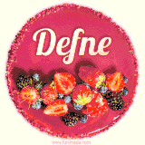 Beautifully decorated red velvet berry birthday cake with vibrant fruits and a glowing 'Defne' name, adding a touch of sweetness and sparkle.