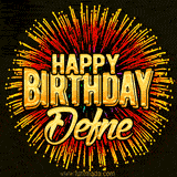 Golden 'Happy Birthday Defne' text accompanied by animated rainbow fireworks for a festive animated greeting.