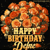 Animated bouquet of orange roses with moving butterfles and golden 'Happy Birthday Defne' text, surrounded by sparkling accents and a dark backdrop for a luxurious feel.