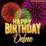 A golden 'Happy Birthday Defne' message with vibrant fireworks in the background, creating a festive and celebratory vibe in this animated name GIF.