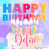 A vibrant animated name GIF with the words 'Happy Birthday Defne' with colorful candles on a creamy cake. The background sparkles with pastel shades, adding a festive touch.