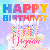 A vibrant animated name GIF with the words 'Happy Birthday Degana' with colorful candles on a creamy cake. The background sparkles with pastel shades, adding a festive touch.
