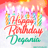 Bright birthday candles with rainbow flames on a cake, alongside the text 'Happy Birthday Degania' in vibrant script in this celebratory animated GIF.
