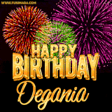 A golden 'Happy Birthday Degania' message with vibrant fireworks in the background, creating a festive and celebratory vibe in this animated name GIF.