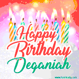 Bright birthday candles with rainbow flames on a cake, alongside the text 'Happy Birthday Deganiah' in vibrant script in this celebratory animated GIF.