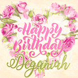 A stunning heart made of pink roses surrounds the elegant script text 'Happy Birthday Deganiah' on a soft beige background. Animated sparkles add a magical and festive feel.