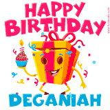 A vibrant and funny gift box character with a happy face dancing with a cupcake and the text 'Happy Birthday Deganiah,' surrounded by animated confetti and party vibes.