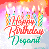 Bright birthday candles with rainbow flames on a cake, alongside the text 'Happy Birthday Deganit' in vibrant script in this celebratory animated GIF.