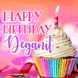 A vibrant birthday GIF featuring a rainbow-colored cupcake topped with white frosting, sprinkles, and a lit candle. The text reads 'Happy Birthday Deganit' in bold pink and violet letters with white outline.