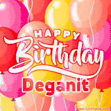 A vibrant name GIF featuring colorful balloons in shades of pink, orange, and yellow with the bold text 'Happy Birthday Deganit' in festive fonts, creating a lively birthday vibe.