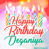 Bright birthday candles with rainbow flames on a cake, alongside the text 'Happy Birthday Deganiya' in vibrant script in this celebratory animated GIF.