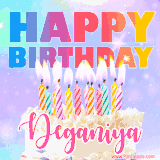 A vibrant animated name GIF with the words 'Happy Birthday Deganiya' with colorful candles on a creamy cake. The background sparkles with pastel shades, adding a festive touch.