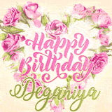 A stunning heart made of pink roses surrounds the elegant script text 'Happy Birthday Deganiya' on a soft beige background. Animated sparkles add a magical and festive feel.