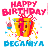 A vibrant and funny gift box character with a happy face dancing with a cupcake and the text 'Happy Birthday Deganiya,' surrounded by animated confetti and party vibes.