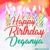 Bright birthday candles with rainbow flames on a cake, alongside the text 'Happy Birthday Deganya' in vibrant script in this celebratory animated GIF.