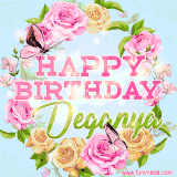 A charming animated GIF featuring 'Happy Birthday Deganya' in pink and green text, surrounded by delicate roses, leaves, and fluttering butterflies on a soft light blue pastel background.