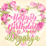 A stunning heart made of pink roses surrounds the elegant script text 'Happy Birthday Deganya' on a soft beige background. Animated sparkles add a magical and festive feel.