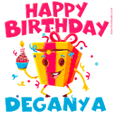 A vibrant and funny gift box character with a happy face dancing with a cupcake and the text 'Happy Birthday Deganya,' surrounded by animated confetti and party vibes.
