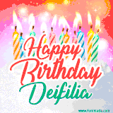 Bright birthday candles with rainbow flames on a cake, alongside the text 'Happy Birthday Deifilia' in vibrant script in this celebratory animated GIF.