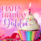 A vibrant birthday GIF featuring a rainbow-colored cupcake topped with white frosting, sprinkles, and a lit candle. The text reads 'Happy Birthday Deifilia' in bold pink and violet letters with white outline.