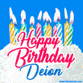 Happy Birthday GIF for Deion with Birthday Cake and Lit Candles