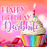 A vibrant birthday GIF featuring a rainbow-colored cupcake topped with white frosting, sprinkles, and a lit candle. The text reads 'Happy Birthday Deirbhile' in bold pink and violet letters with white outline.