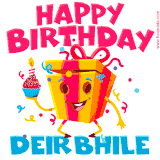 A vibrant and funny gift box character with a happy face dancing with a cupcake and the text 'Happy Birthday Deirbhile,' surrounded by animated confetti and party vibes.